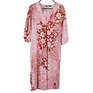 Zara Linen Blend Floral Paisley Printed Tunic Midi Dress Womens XS Kaftan Pink